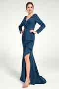 V-Neck Ruched Sheath Maxi Dress with Long Sleeve and Leg Slit