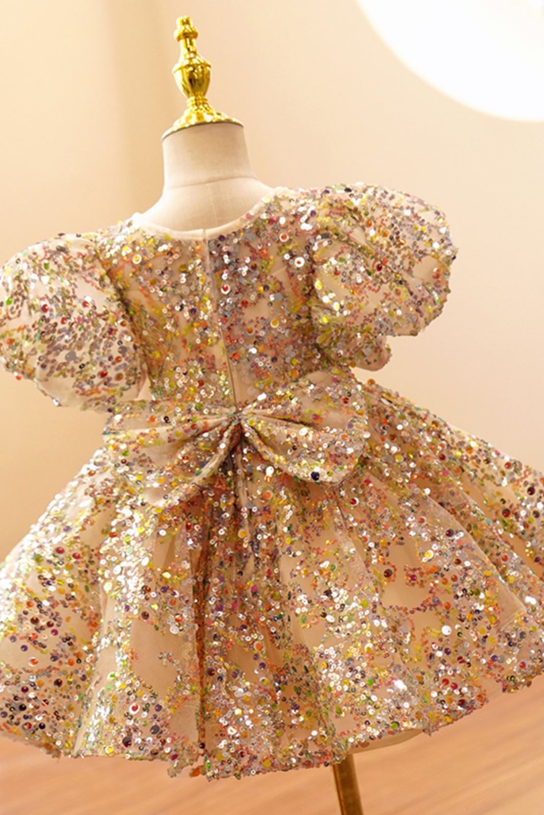 Prinzessin Runden Wadenlang Pailletten Blumenmädchenkleider Gold