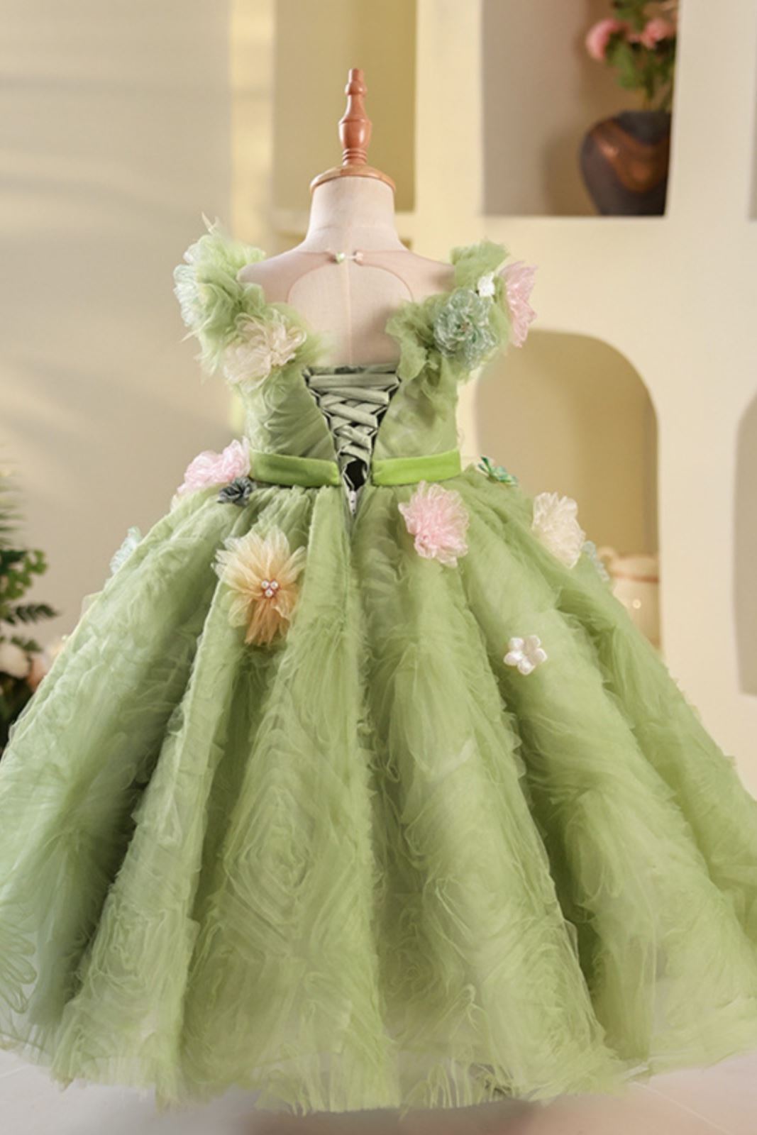 Prinzessin Runden Bodenlang Tüll Blumenmädchenkleider in Salbeigrün