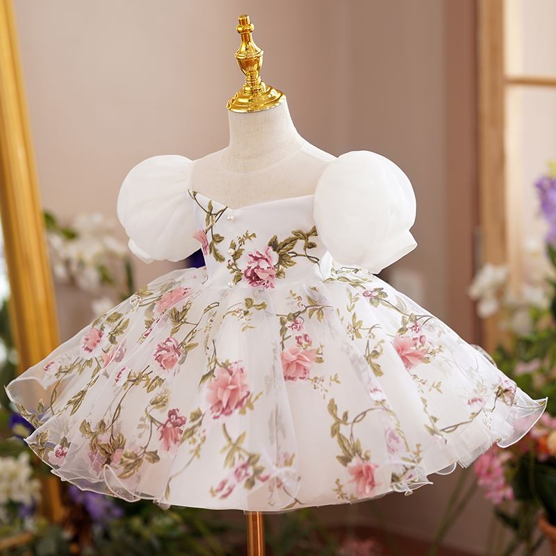 Princess Round Tea Length Organza Flower Girl Dress White