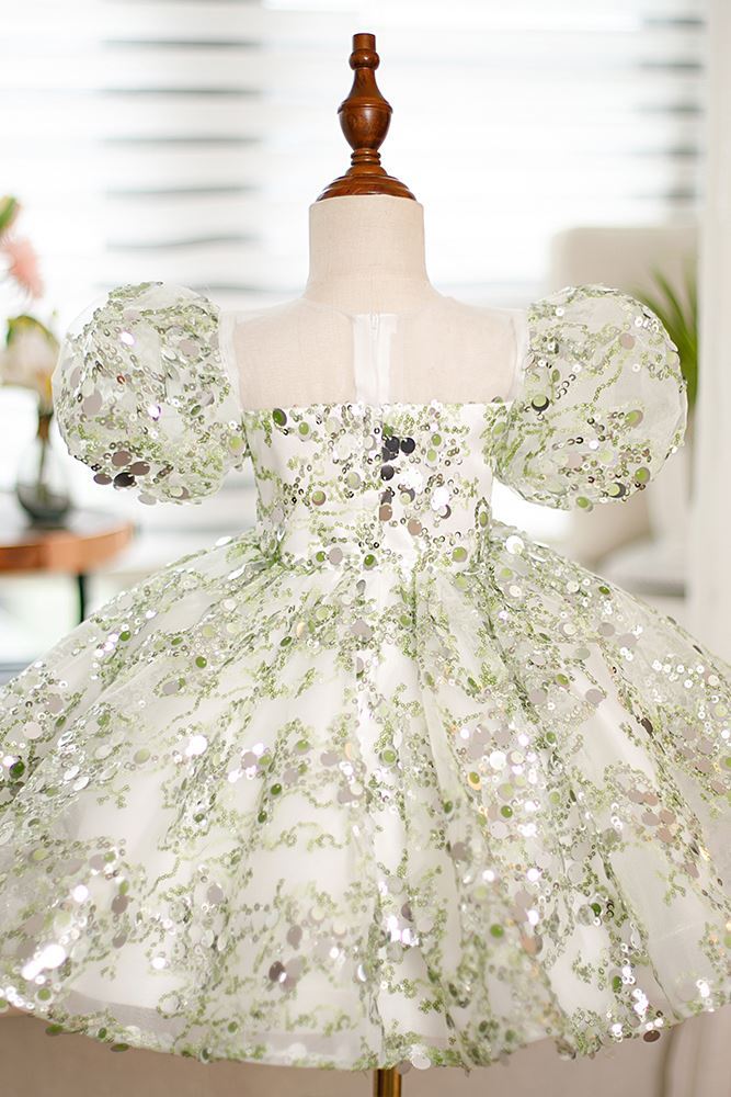 Prinzessin Runden Wadenlang Pailletten Blumenmädchenkleider in Grün