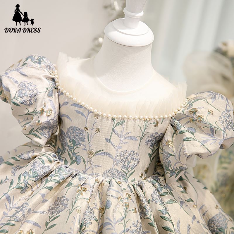 Prinzessin Runden Wadenlang Satin Blumenmädchenkleider in Staubigblau