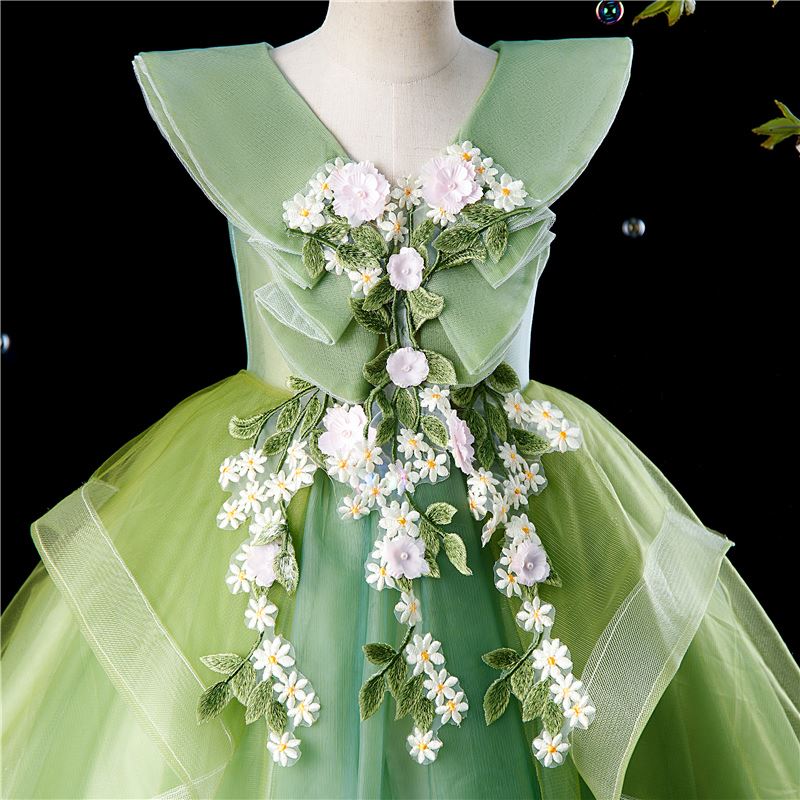 Prinzessin V Ausschnitt Bodenlang Tüll Blumenmädchenkleider in Grün