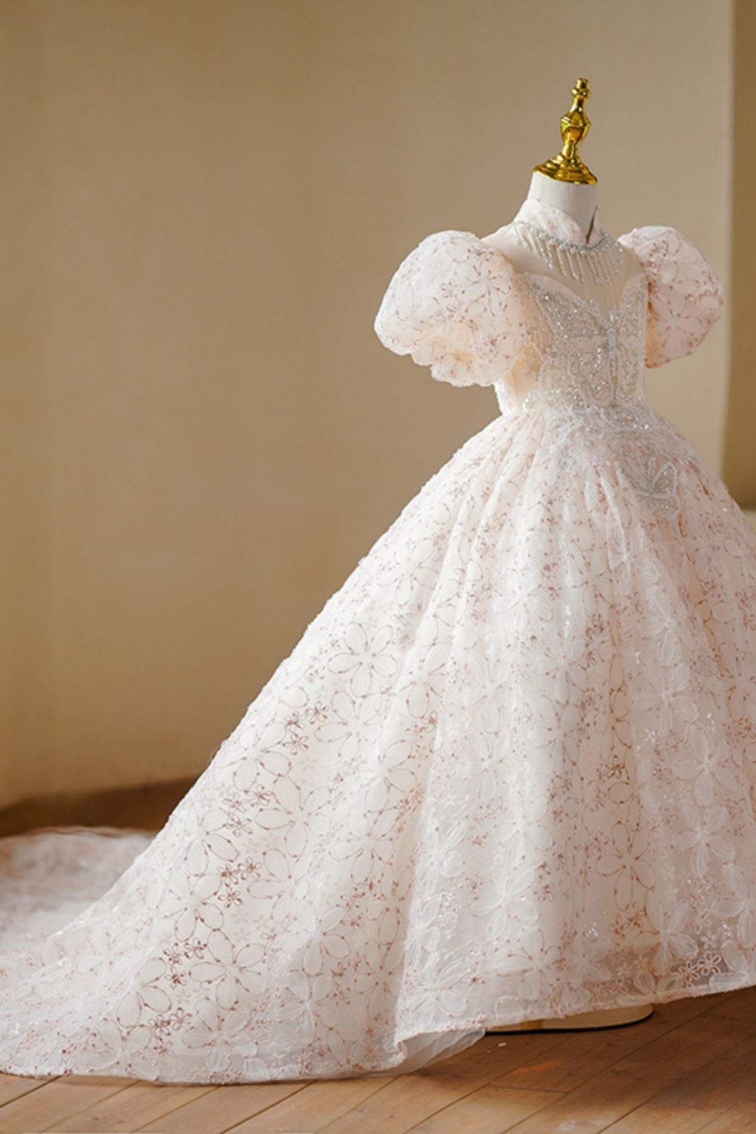 Prinzessin Bodenlang Pailletten Blumenmädchenkleider in Champagner