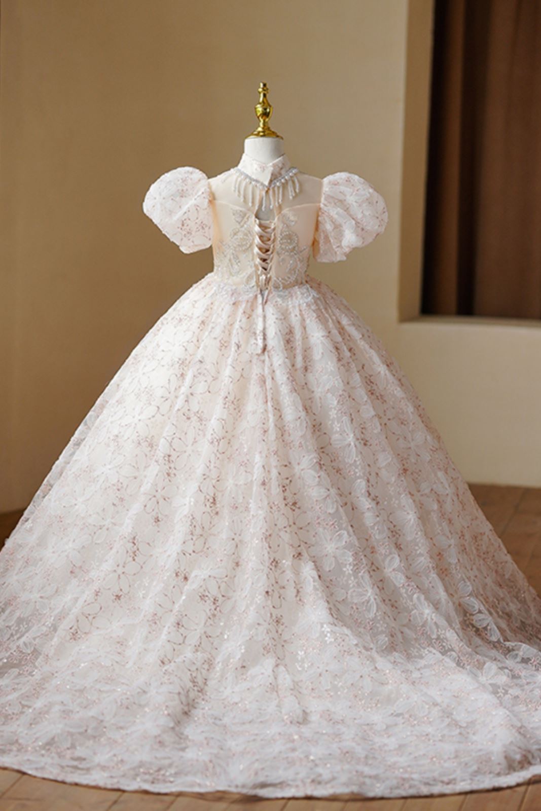 Prinzessin Bodenlang Pailletten Blumenmädchenkleider in Champagner