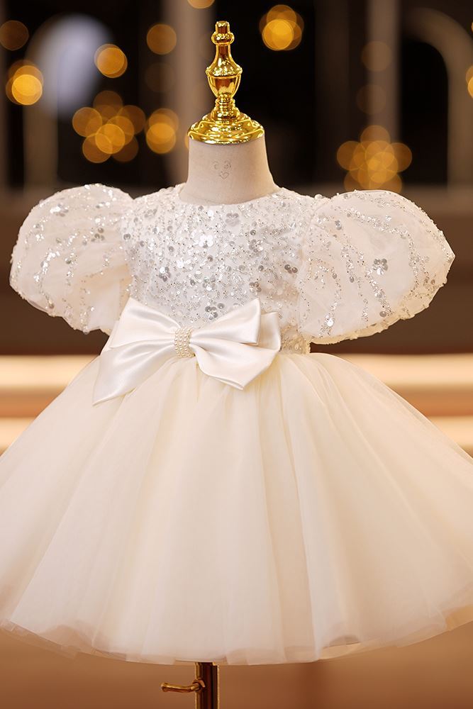 Prinzessin Runden Wadenlang Tüll Blumenmädchenkleider Elfenbein