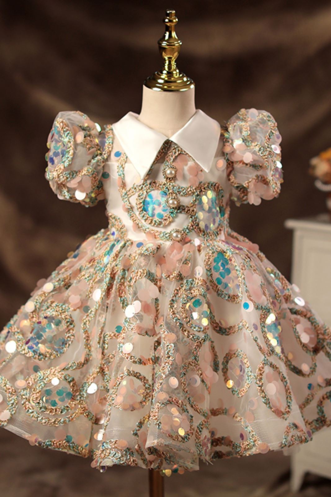 Princess Collared Neck Tea Length Sequined Flower Girl Dress colorful
