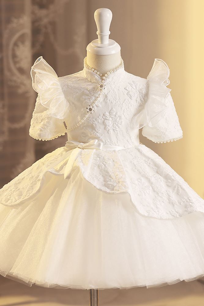 Prinzessin Stehkragen Wadenlang Satin Blumenmädchenkleider in Weiß