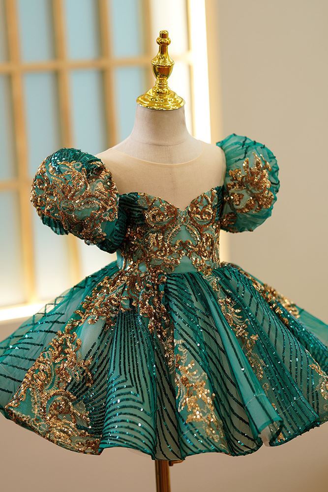 Prinzessin Runden Wadenlang Pailletten Blumenmädchenkleider Dunkelgrün