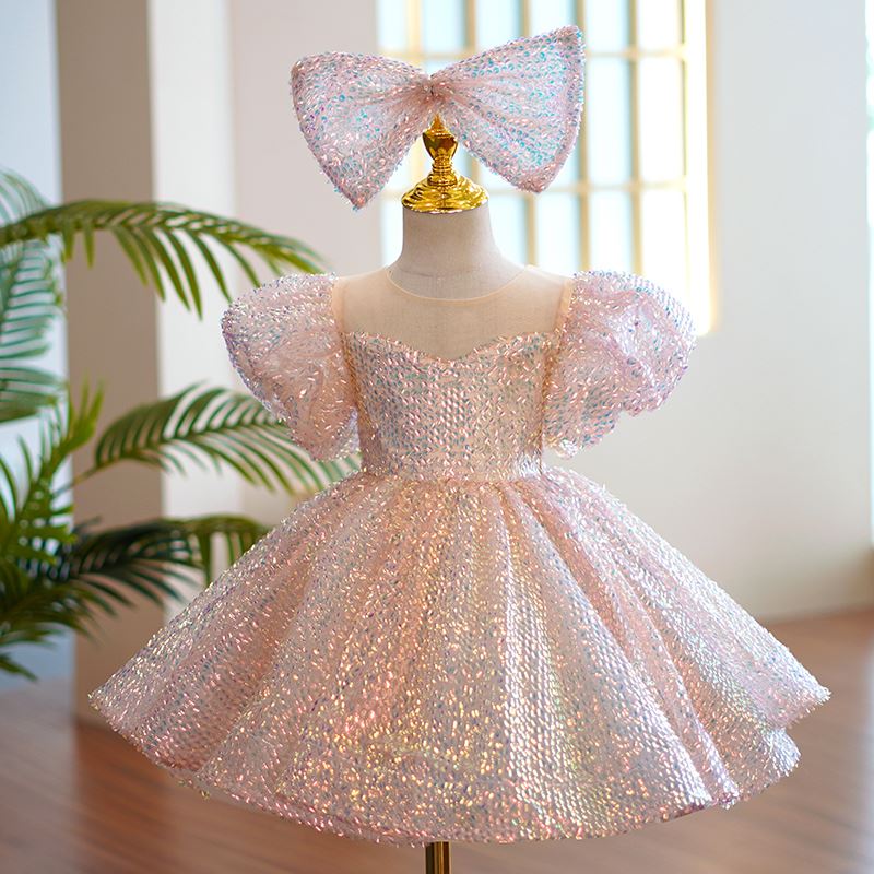 Princess Round Tea Length Sequined Flower Girl Dress Pink