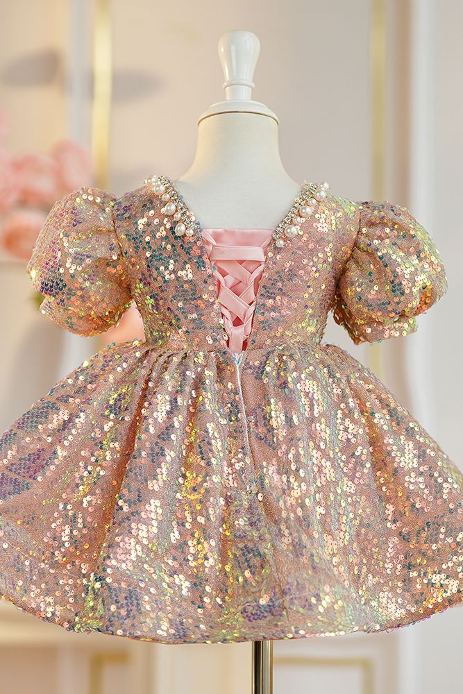 Prinzessin Wadenlang Pailletten Blumenmädchenkleider in Rosa