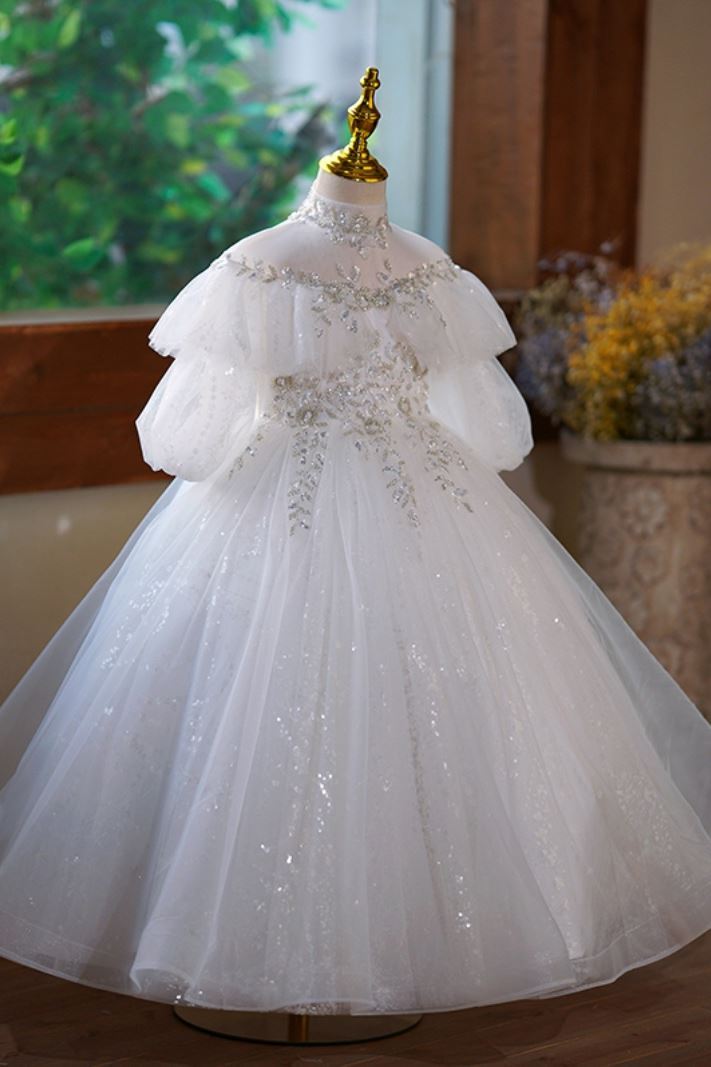 Prinzessin Stehkragen Bodenlang Tüll Blumenmädchenkleider in Weiß