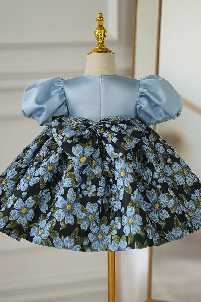 Prinzessin Runden Wadenlang Satin Blumenmädchenkleider in Blau