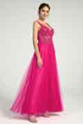 Fuchsia A-Line Lace & Tulle Maxi Dress with Sequin and Beaded Accents