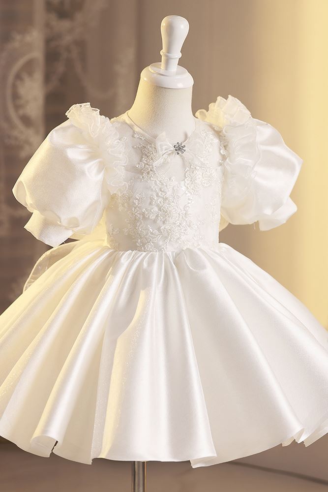 Prinzessin Runden Wadenlang Satin Blumenmädchenkleider in Weiß