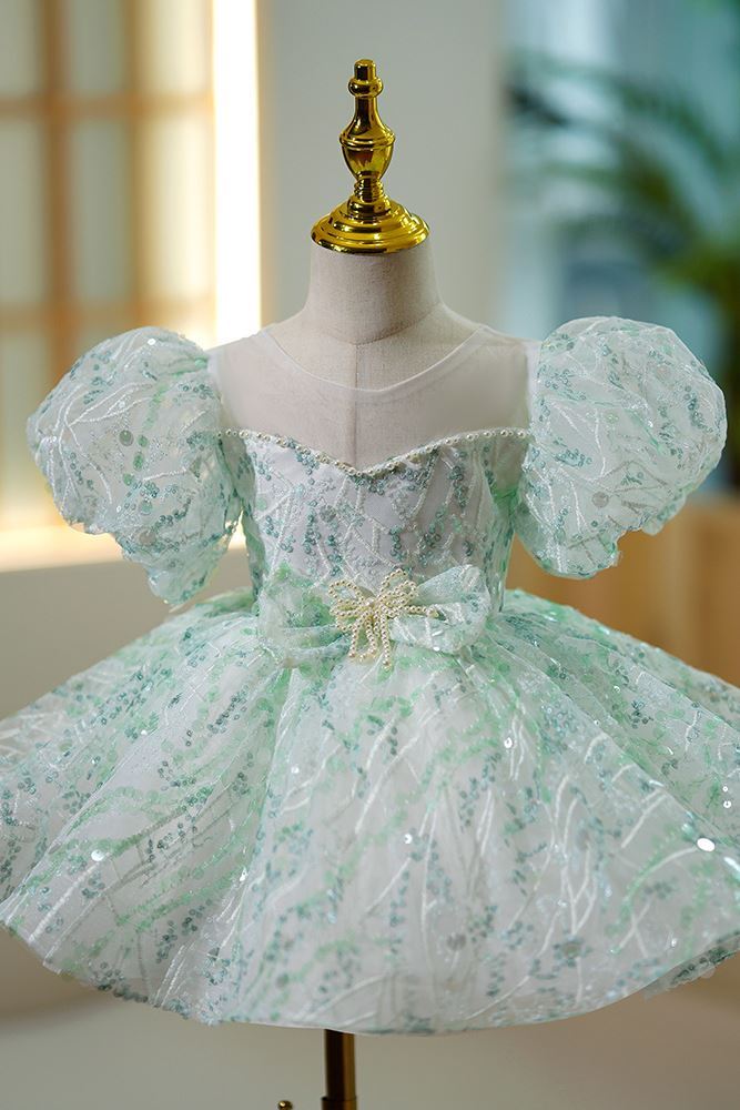 Prinzessin Scoop Wadenlang Pailletten Blumenmädchenkleider in Minzgrün