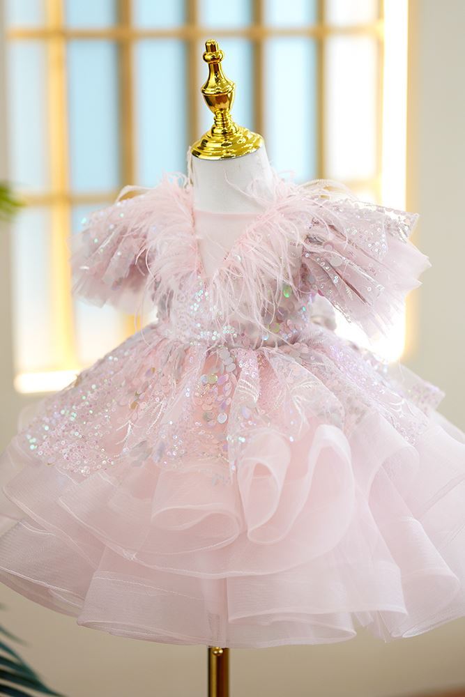 Prinzessin V Ausschnitt Wadenlang Pailletten Blumenmädchenkleider Rosa