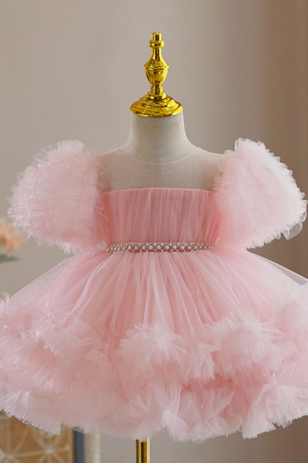 Prinzessin Runden Wadenlang Tüll Blumenmädchenkleider in Rosa