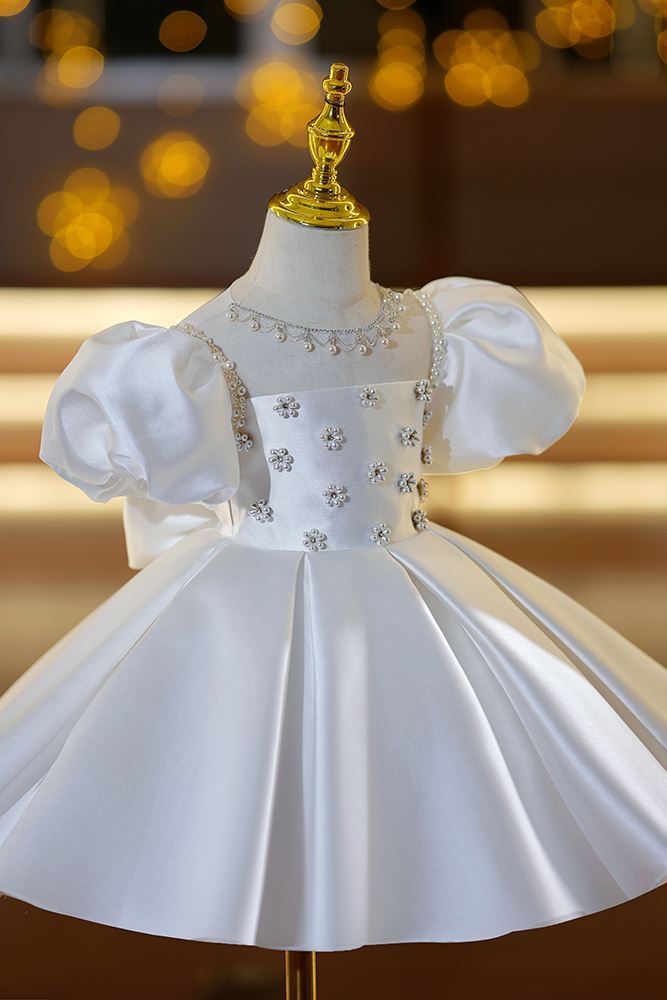 Prinzessin Quadratisch Wadenlang Satin Blumenmädchenkleider in Weiß