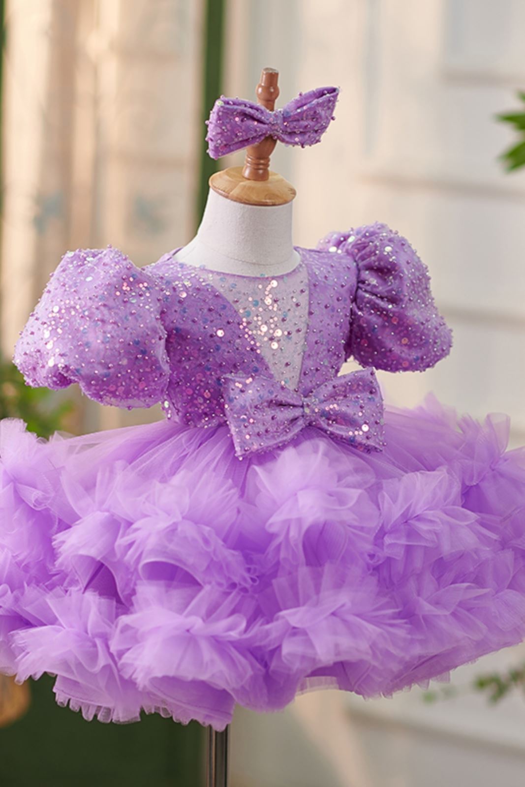 Prinzessin Runden Wadenlang Tüll Blumenmädchenkleider in Lila