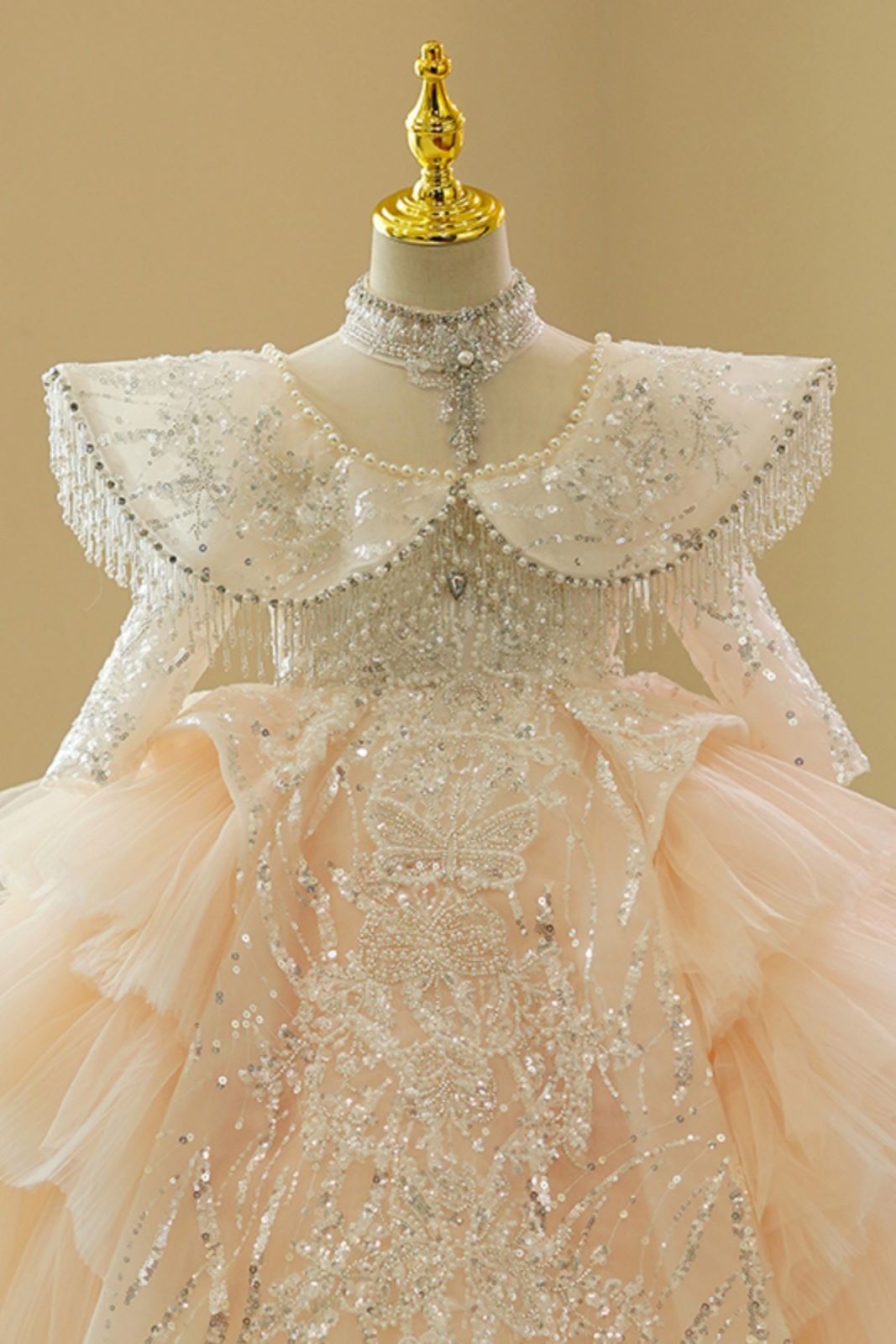 Prinzessin Bodenlang Tüll Blumenmädchenkleider in Champagner