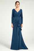 V-Neck Ruched Sheath Maxi Dress with Long Sleeve and Leg Slit