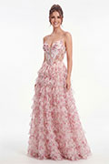 Rosa geblümtes A-Linien-Abendkleid aus Tüll und Rüschen mit Herzausschnitt
