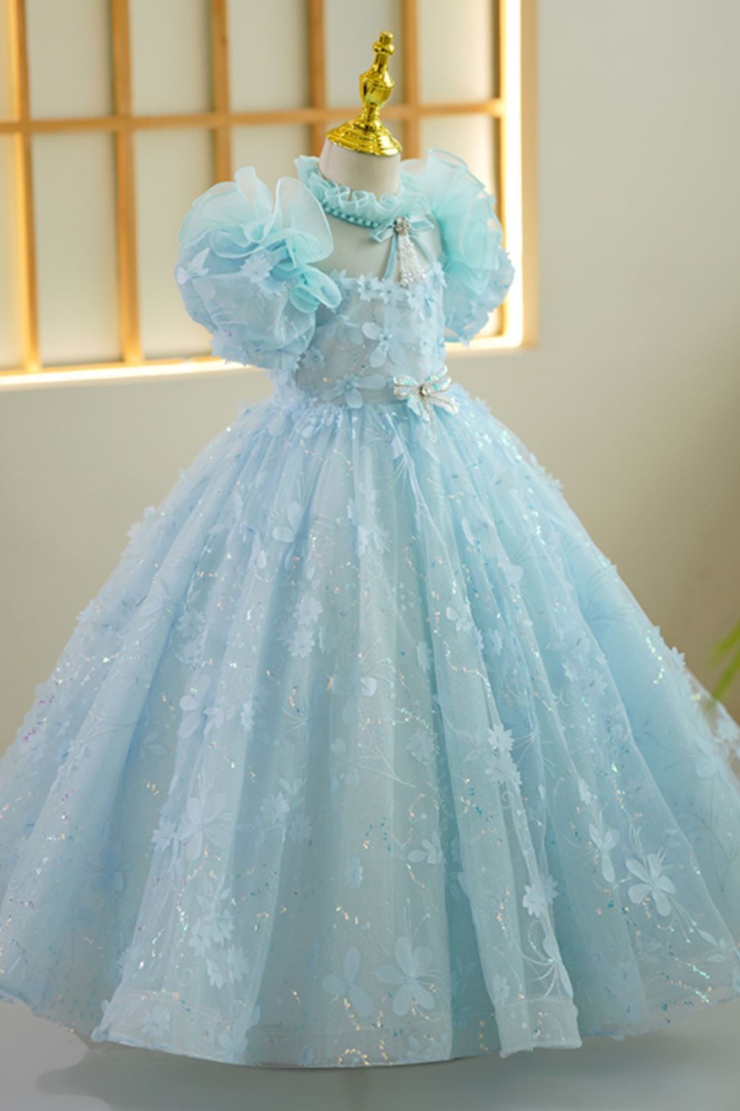 Принцесса ложный воротник Полная Длина Lace Детские Платья in Синий