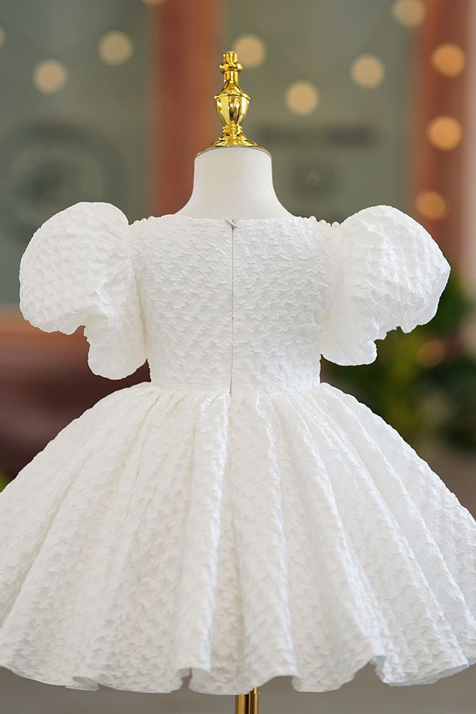 Princess Square Tea Length Polyester Flower Girl Dress in White