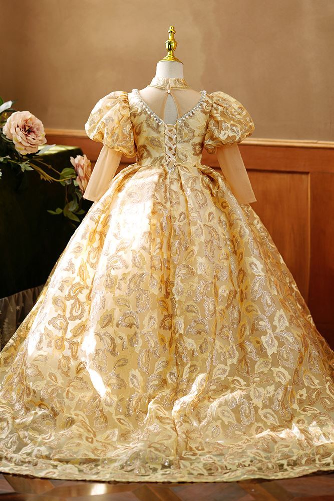 Princesse Longueur au Sol Dentelle robes de demoiselle d'honneur - fillette in Doré