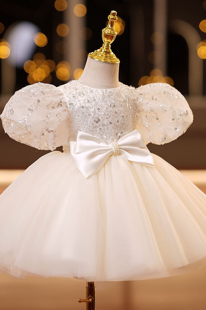 Prinzessin Runden Wadenlang Tüll Blumenmädchenkleider Elfenbein