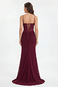 Burgundy Spaghetti Strap Sweetheart Lace-Up Back High Slit Gown