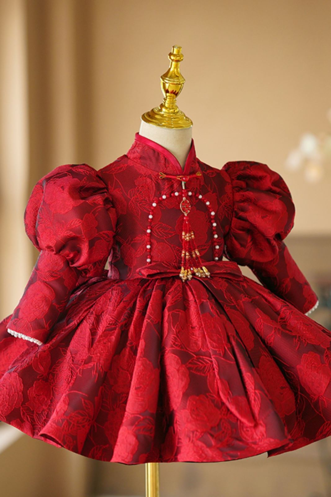 Prinzessin Runden Wadenlang Satin Blumenmädchenkleider Burgundrot