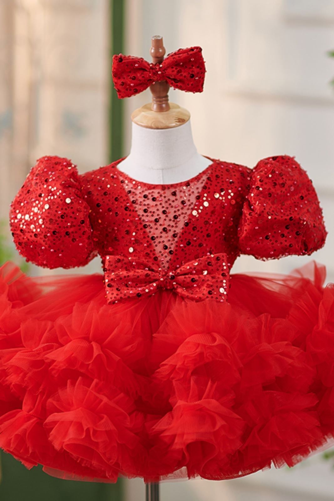 Prinzessin Runden Wadenlang Tüll Blumenmädchenkleider in Rot