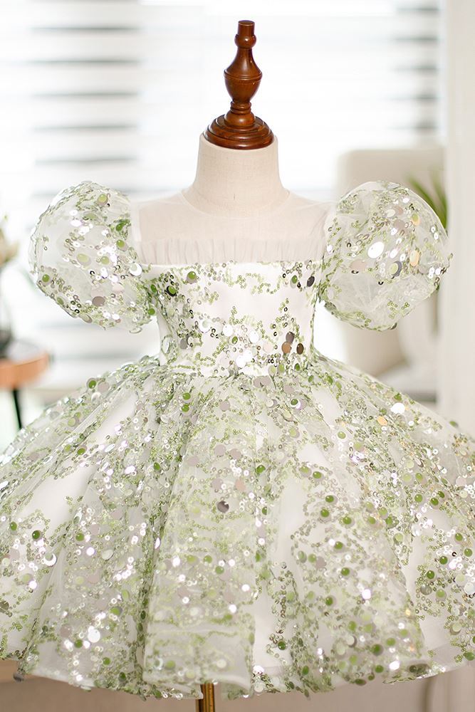 Prinzessin Runden Wadenlang Pailletten Blumenmädchenkleider in Grün