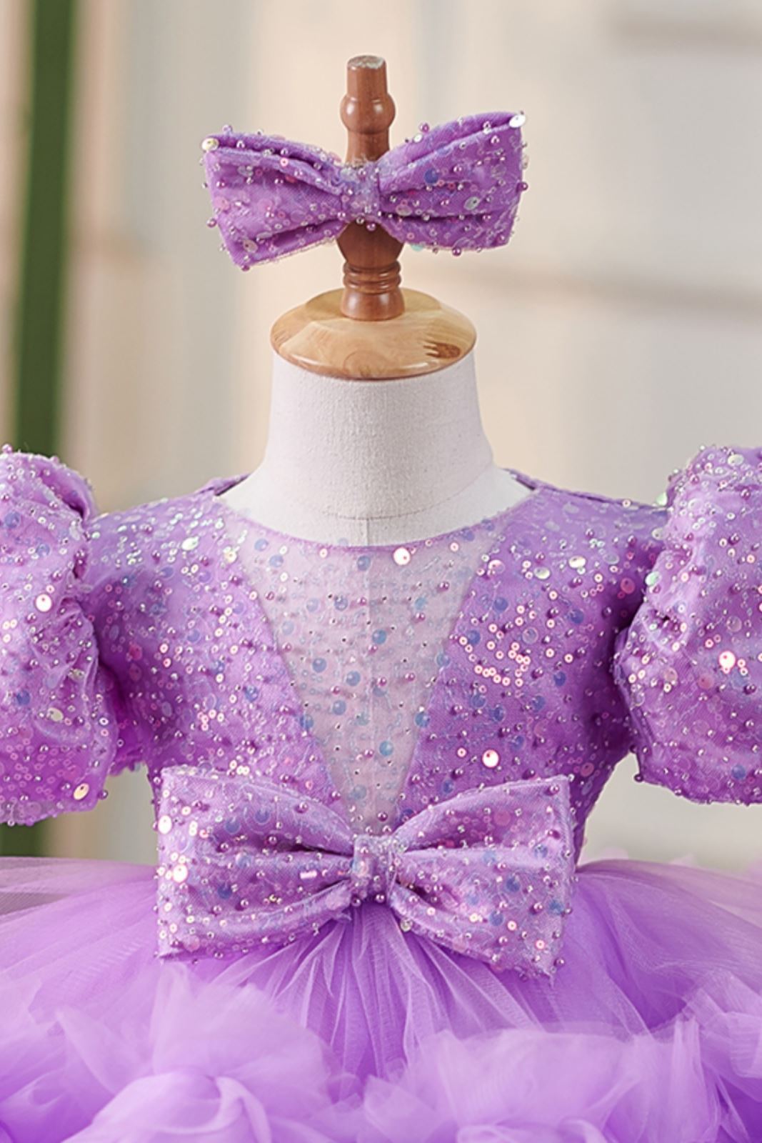 Prinzessin Runden Wadenlang Tüll Blumenmädchenkleider in Lila