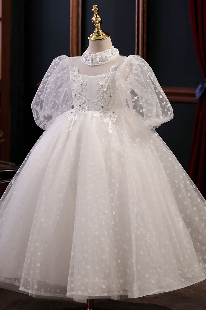 Prinzessin Stehkragen Bodenlang Tüll Blumenmädchenkleider in Weiß