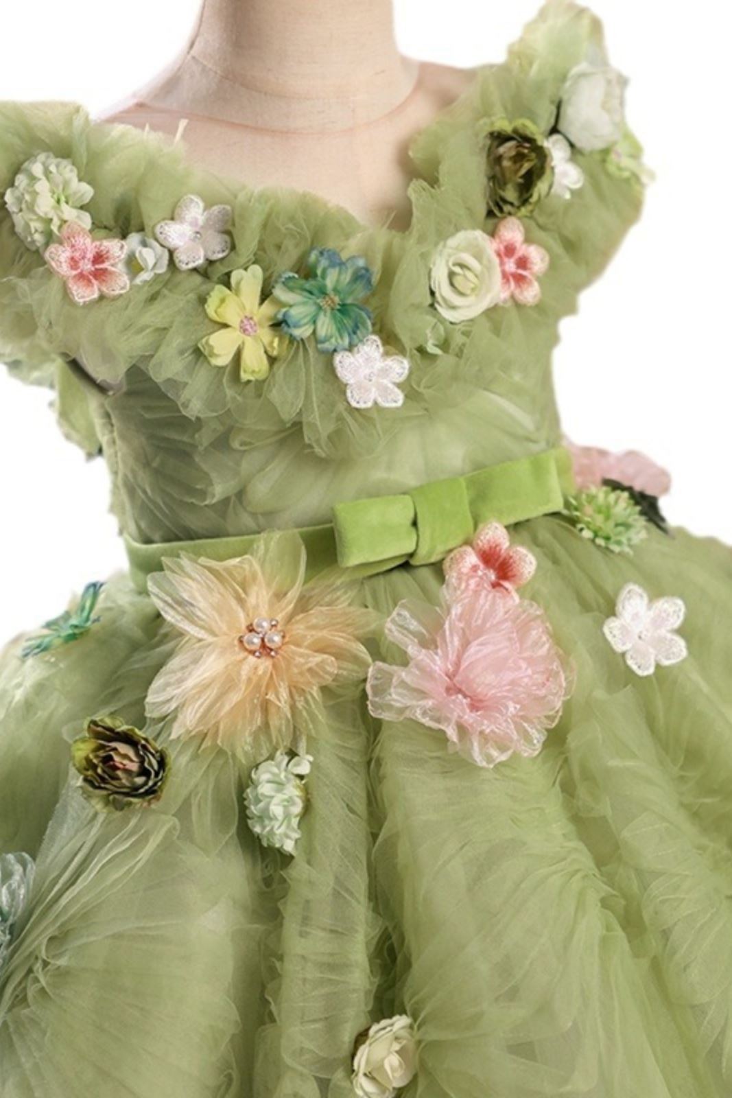 Prinzessin Runden Bodenlang Tüll Blumenmädchenkleider in Salbeigrün