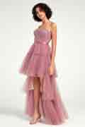 High-Low Tiered Tulle Gown with Sweetheart Corset & Beaded Accents