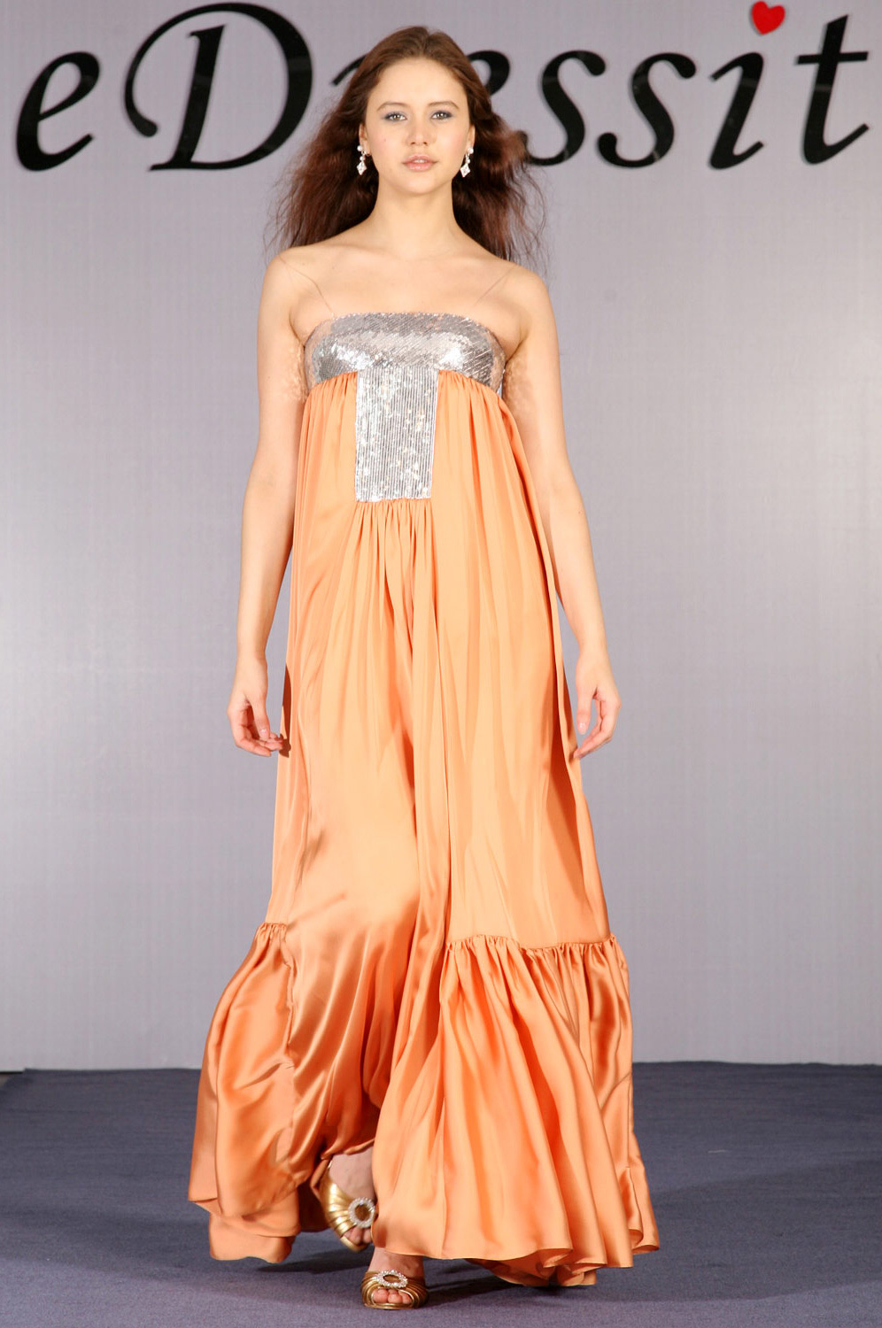 Elegant Orange Sequined Evening Dress