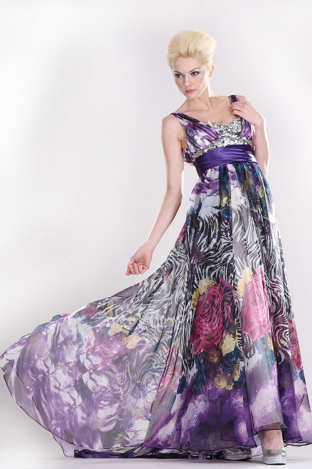 Floral V-Neckline Robe de Soiree