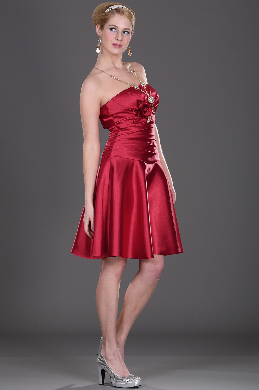 Trägerlos  Elegant Rot Blume  Brautjunferdkleid