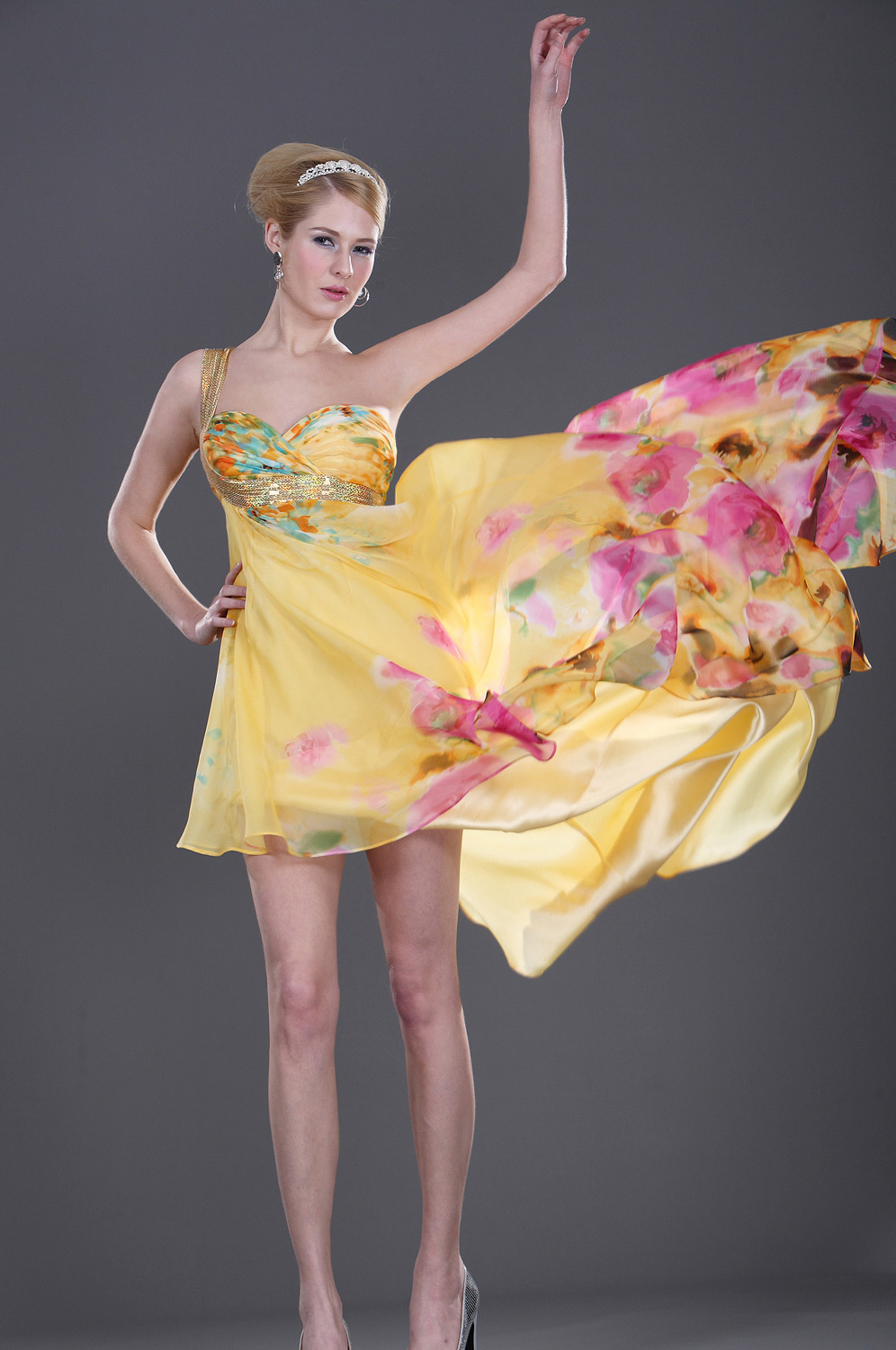 Asymmetrical Floral Evening Dress