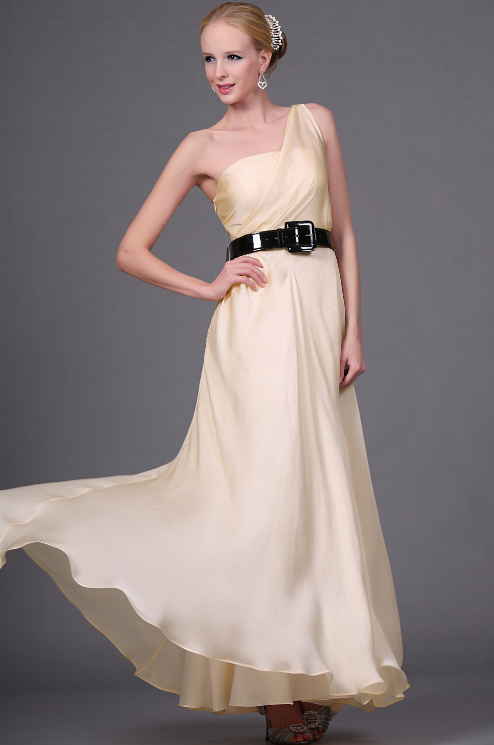 New Elegant One Shoulder Evening Dress with Black Belt