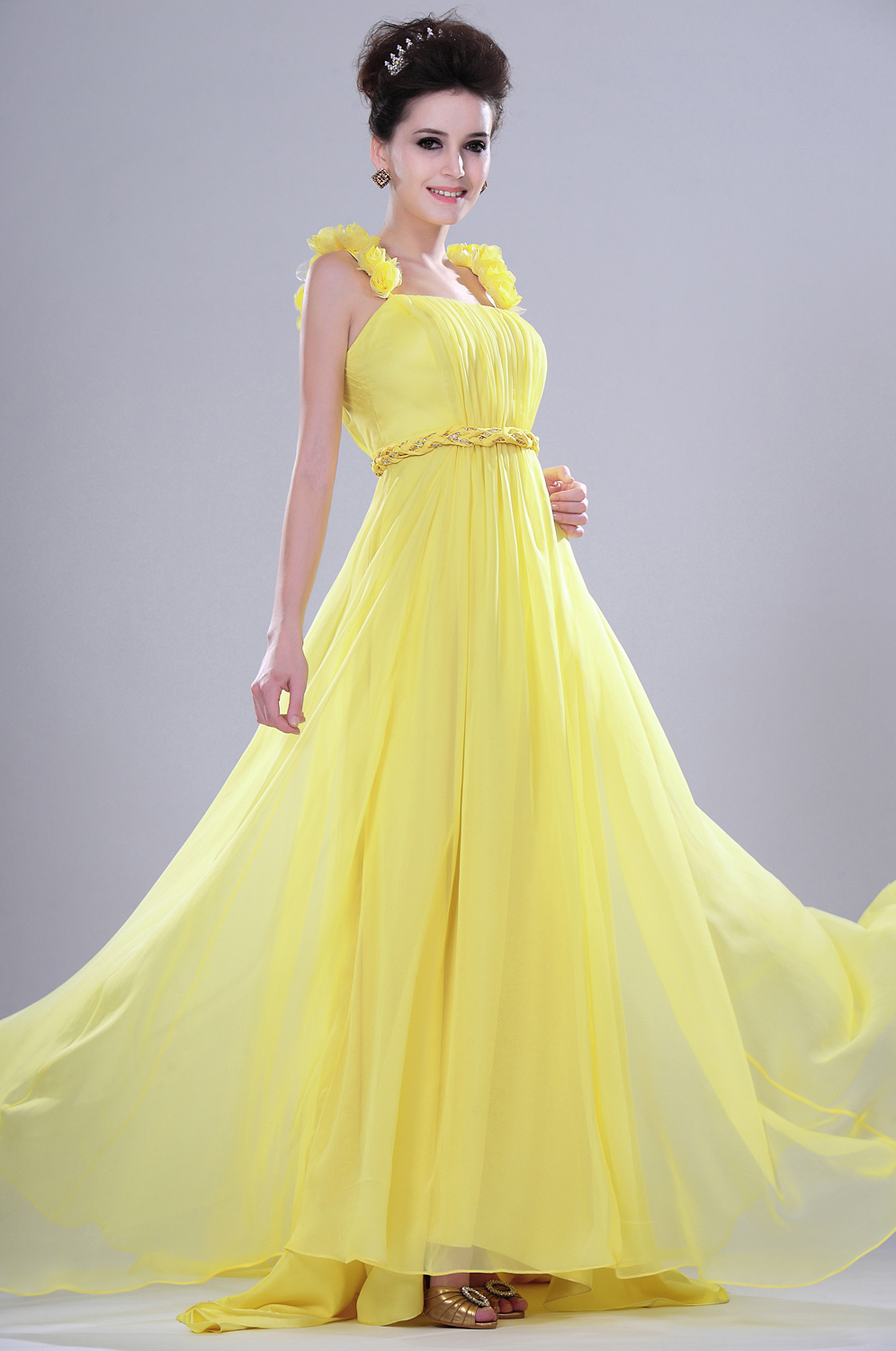 Bright Attractive Yellow Evening Dress with Flower Straps