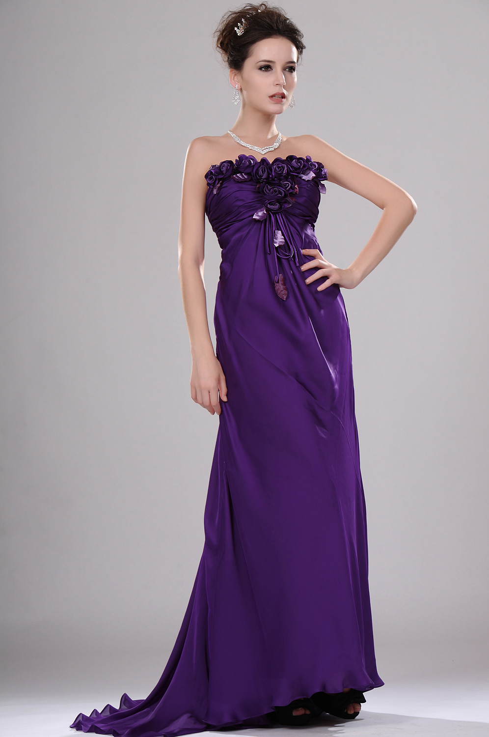 New Elegant Strapless Evening Dress with Flowers