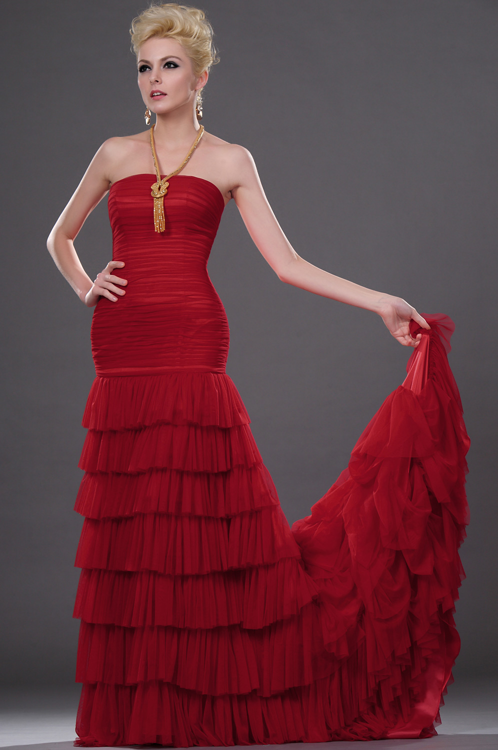 New Attractive Red Strapless Evening Gown