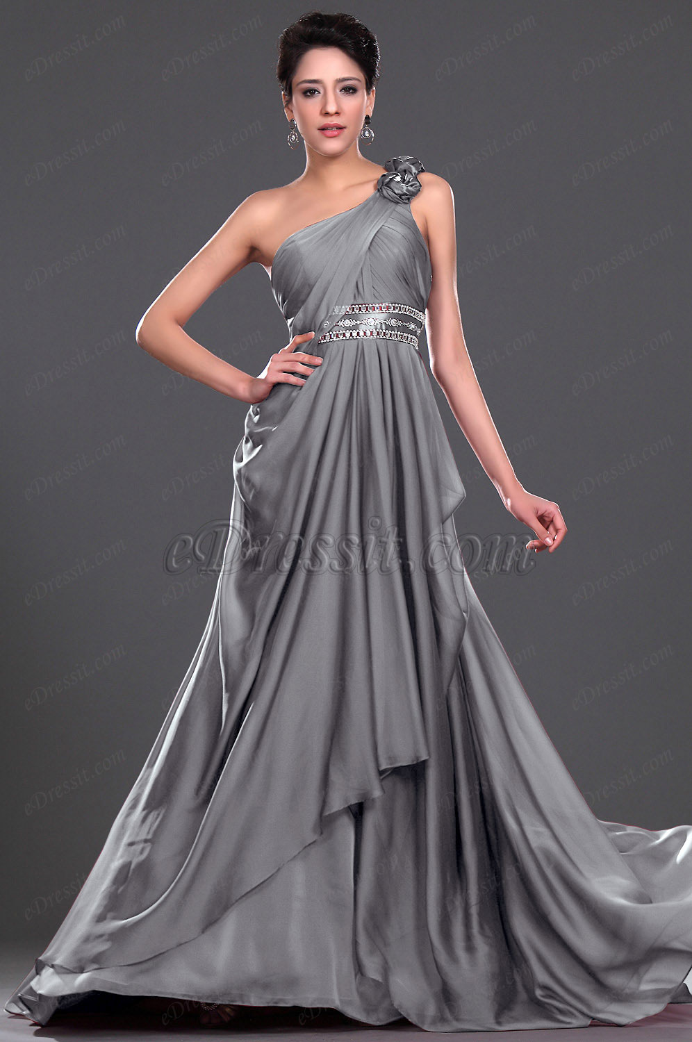 Clearance Sale!   Gray One-Shoulder Evening Dress--Size UK20