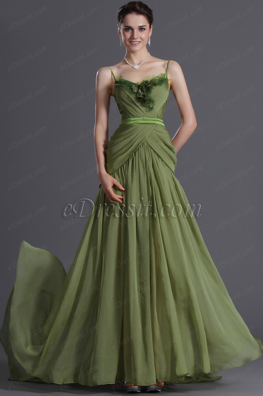 Elegante Fino Tirantes Verde Vestido  de Noche Largo