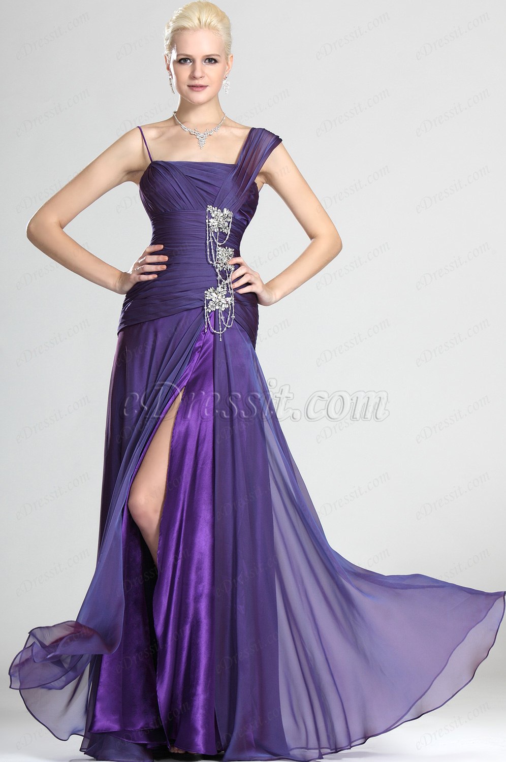 Beaded Slit Full Length Purple Evening Dress